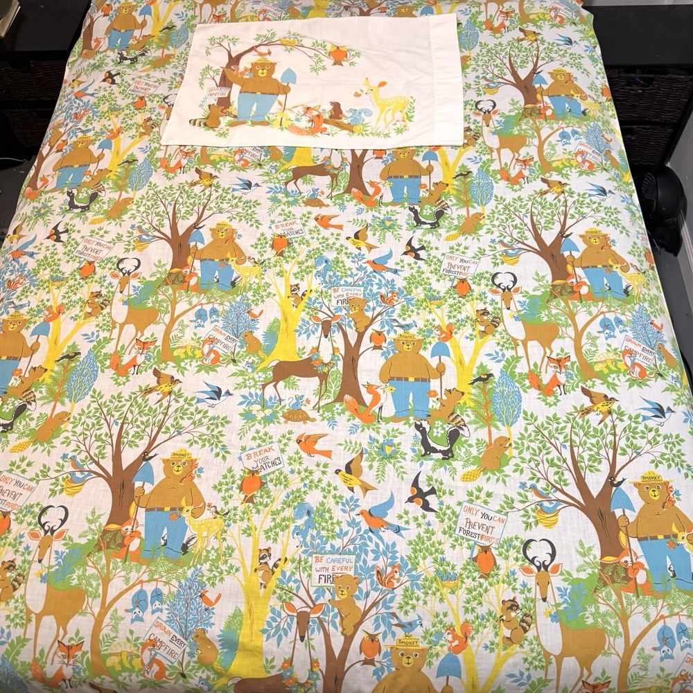 Vintage Fieldcrest Ideal Smokey the Bear Twin Flat Sheet Pillowcase Pillow Case